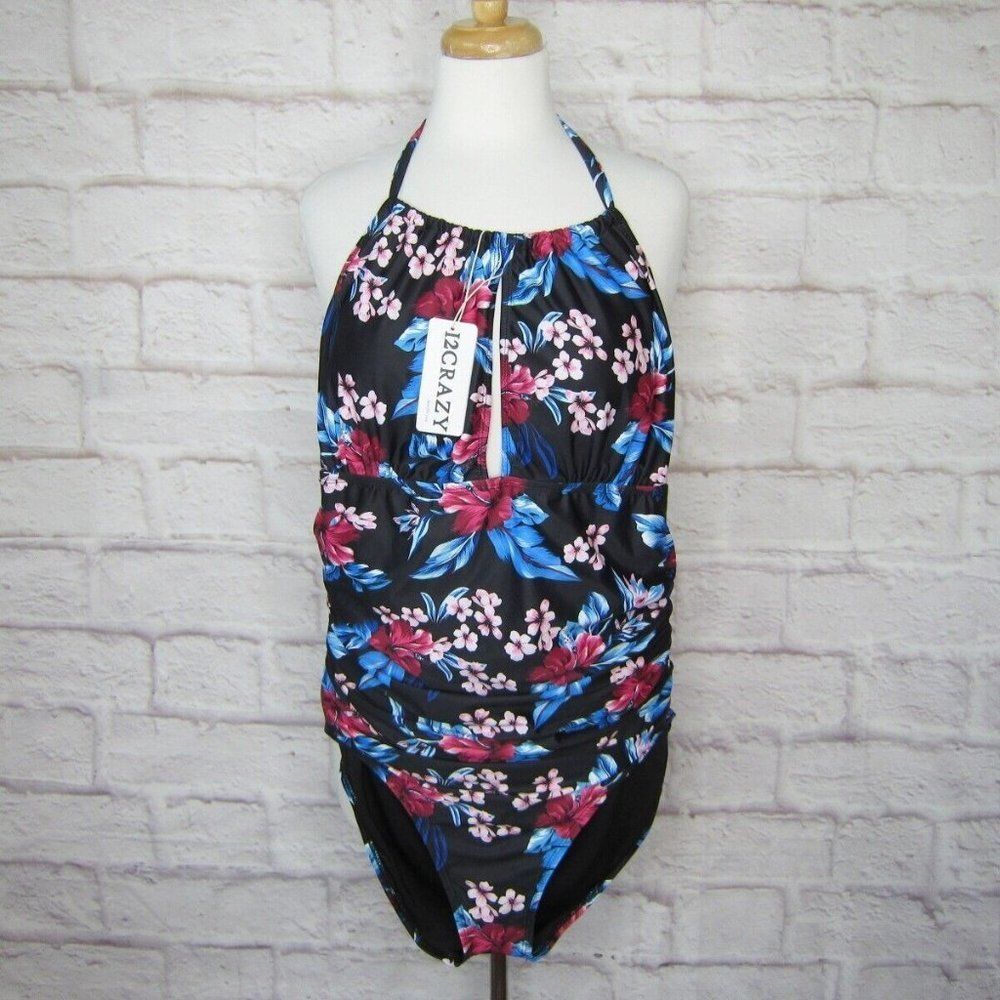 I2CRAZY Black Floral One Piece Swimsuit Tummy Control Halter Top size XL New!